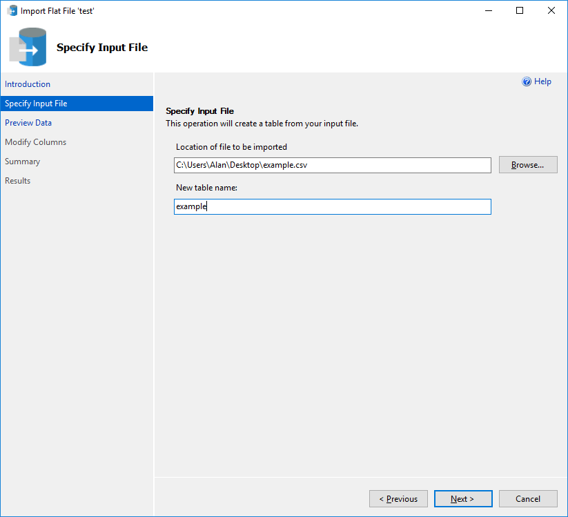 Screenshot dell'Importazione guidata di file flat, specifica il menu del file di input.
