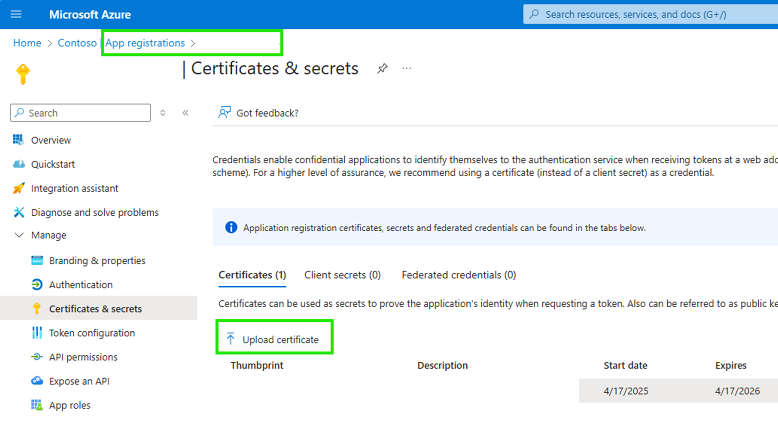 Screenshot del caricamento di un certificato per l'applicazione nel portale di Azure.
