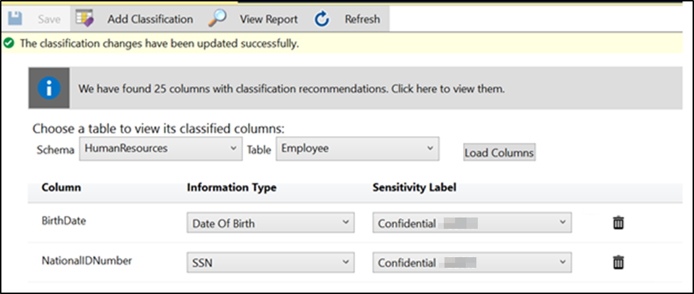 screenshot della classificazione dei dati di SSMS che carica colonne classificate.