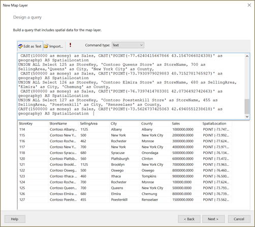 Screenshot del passaggio Progetta query della creazione guidata per un nuovo livello mappa.