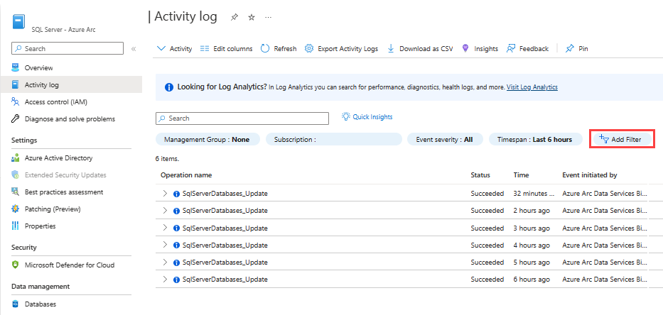 Screenshot del log delle attività di SQL Server abilitato per Azure Arc e del pulsante per aggiungere un filtro.