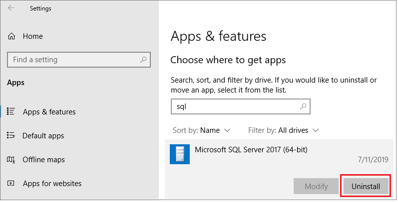 Screenshot che illustra come disinstallare SQL Server.