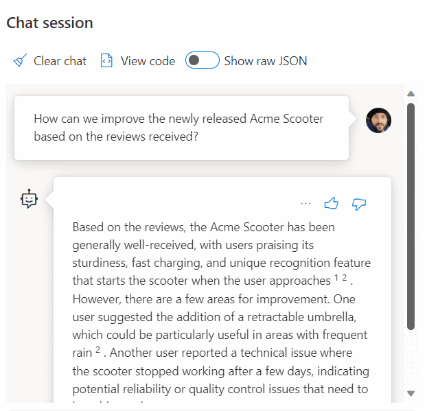 Screenshot di un bot di intelligenza artificiale che risponde alla domanda usando i dati archiviati in SQL Server.