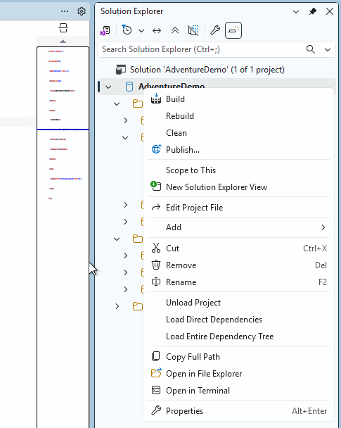 Screenshot di Esplora soluzioni in SQL Server Management Studio con l'opzione Build disponibile.