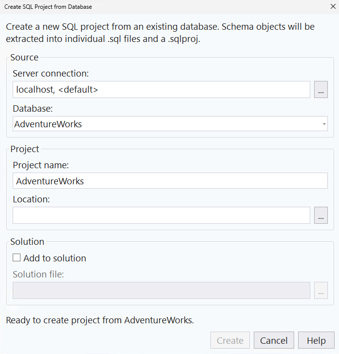 Schermata di Nuovo progetto SQL della finestra di dialogo Database in SQL Server Management Studio.