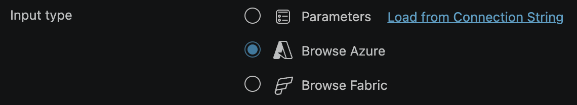 Screenshot del selettore Tipo di input nella parte superiore della finestra di dialogo Connessione, che mostra Parametri, Stringa di connessione, Sfoglia Azure e Sfoglia Fabric.