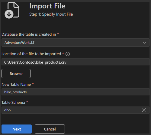 Istantanea della procedura guidata Importa file, Fase 1, che mostra la configurazione del file di input.
