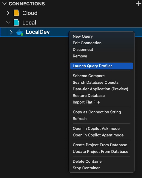 Screenshot dell'opzione Avvia Query Profiler nel menu di scelta rapida Connessioni.