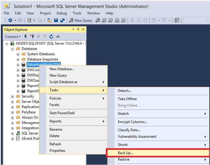 Screenshot dell'opzione Backup di un database.