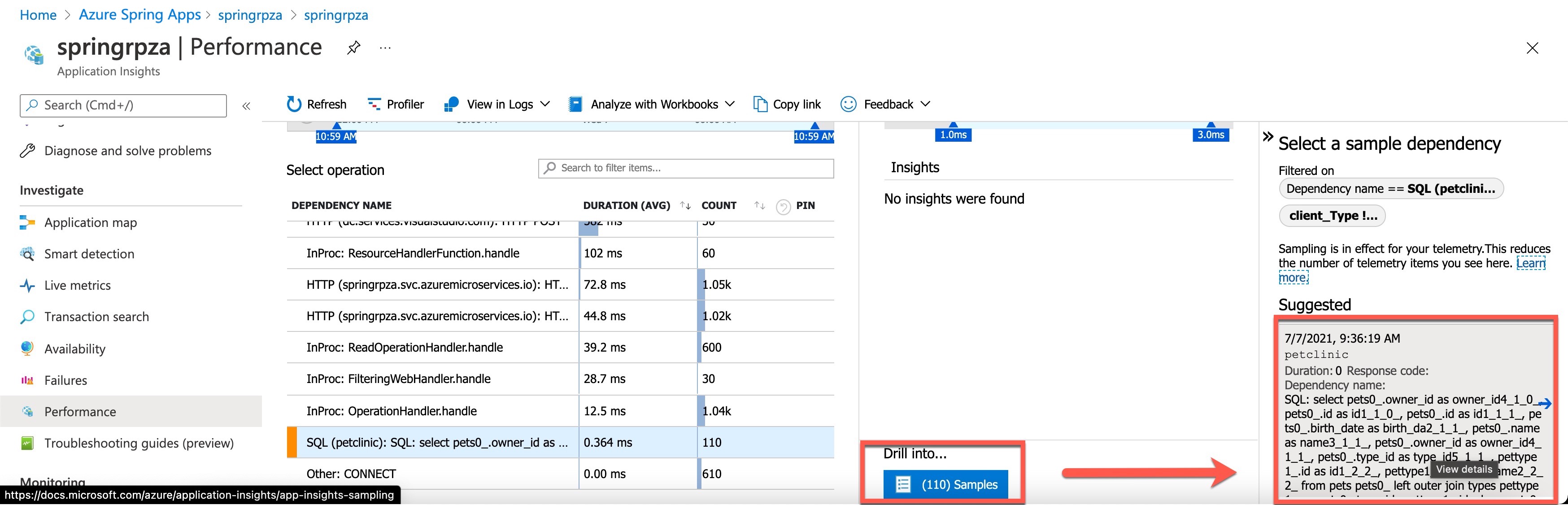 Screenshot che mostra la transazione di esempio SQL.