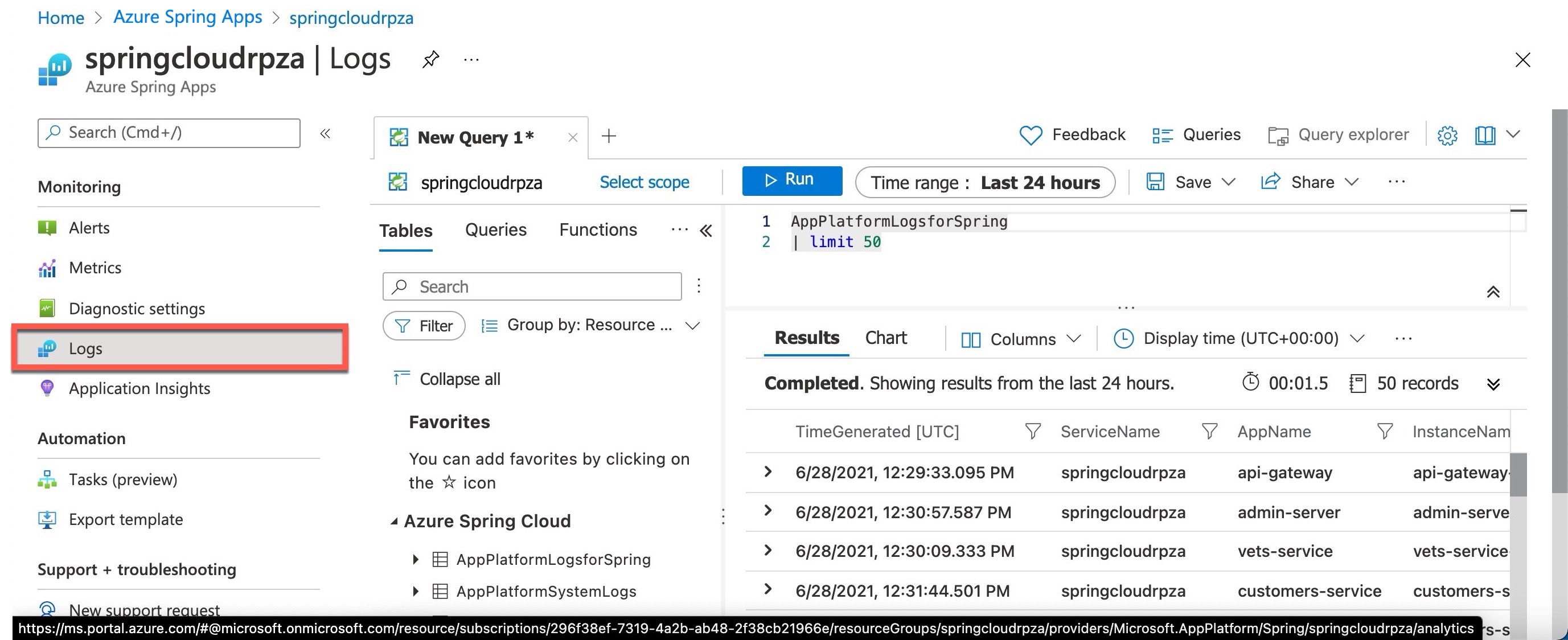 Screenshot che mostra la query per i log di Azure Spring Apps.