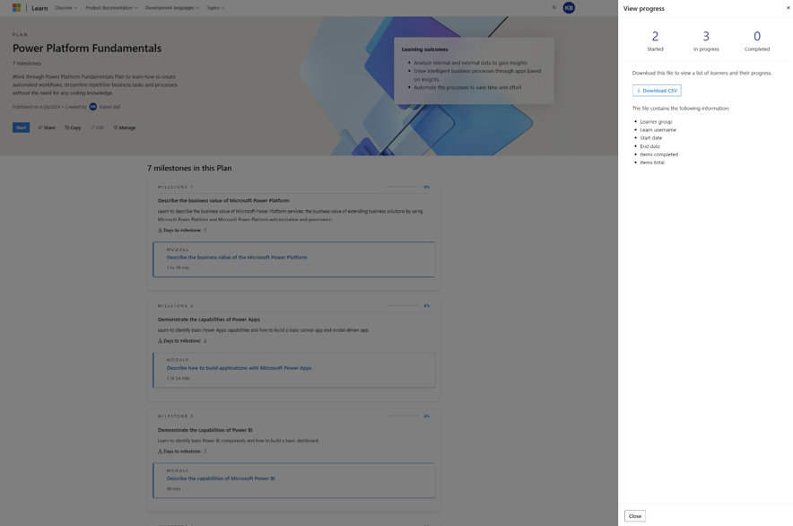Screenshot della visualizzazione dello stato di avanzamento dell'apprendimento tramite la pagina Gestisci piani.
