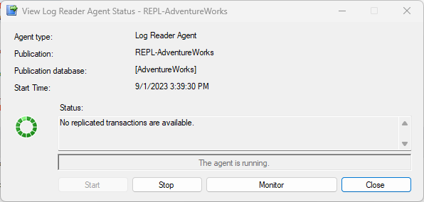 Screenshot che mostra lo stato del lettore log in una replica transazionale.
