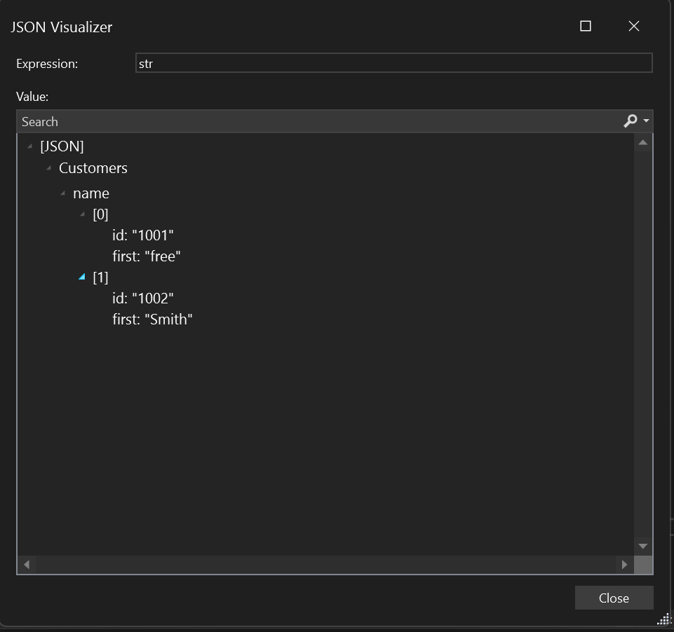 Screenshot che mostra il visualizzatore di stringhe JSON.