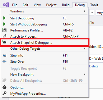Avviare il debugger di snapshot dal menu Debug