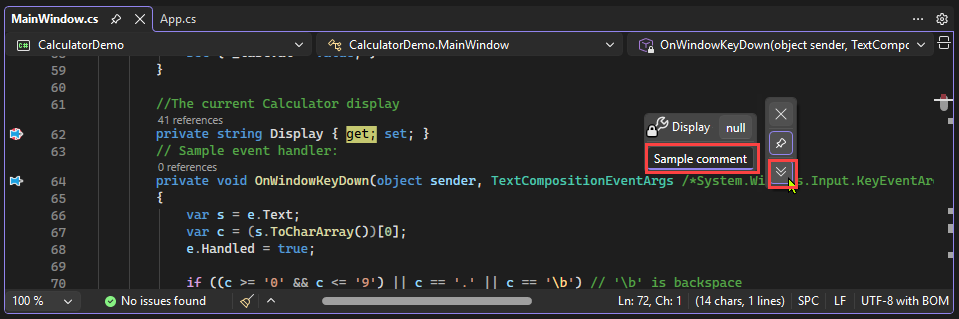 Screenshot che mostra come immettere commenti in un suggerimento dati in Visual Studio.