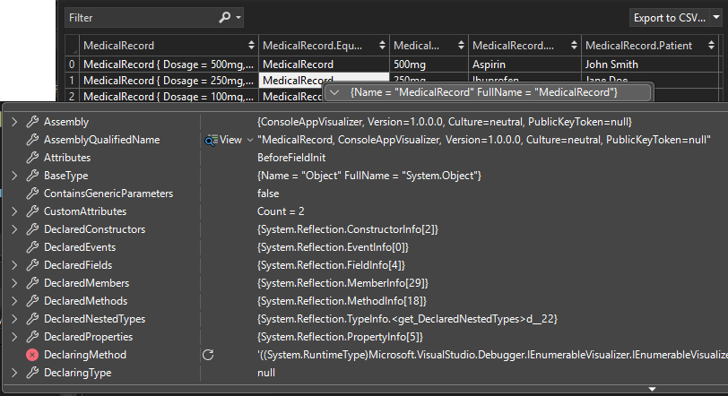 Screenshot che mostra un DataTip visualizzato quando si passa il puntatore del mouse su una cella nel visualizzatore IEnumerable.