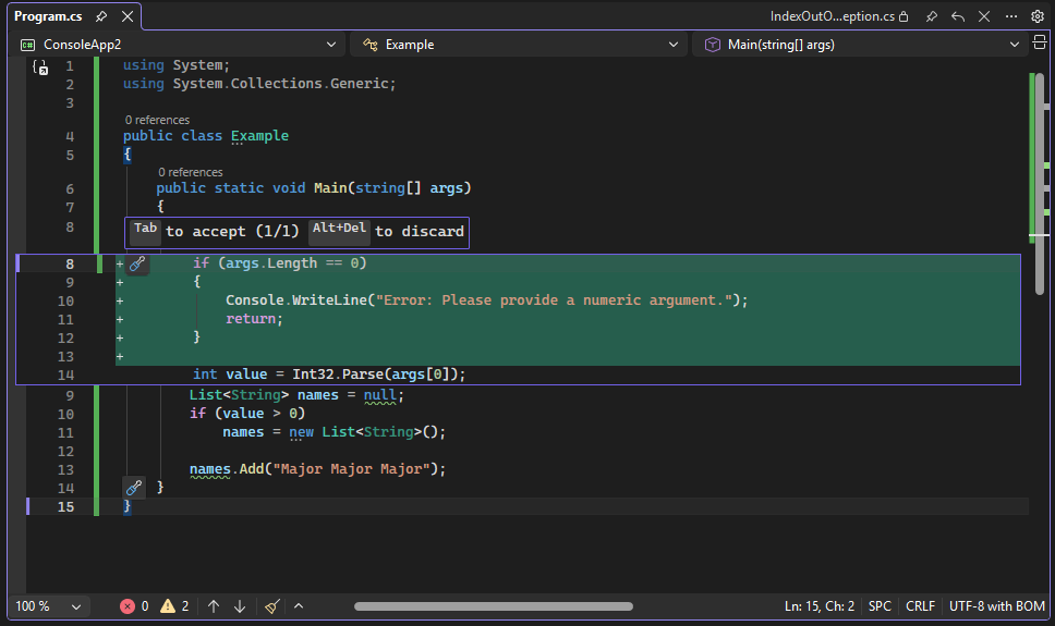 Screenshot dell'anteprima del codice in Visual Studio.