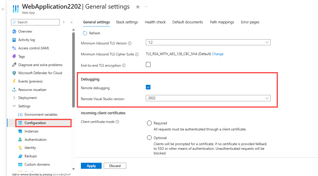 Screenshot delle impostazioni di debug remoto di Azure.