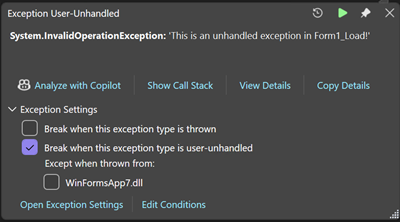 Screenshot che mostra un'eccezione non gestita di Windows Form.