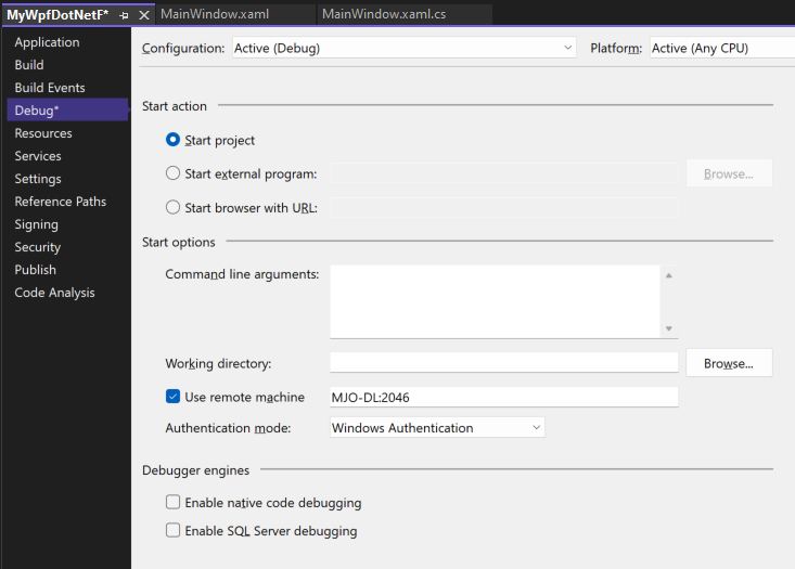 Screenshot della scheda Debug nelle Proprietà del progetto di Visual Studio. La proprietà Usa macchina remota è impostata su 'MJO-DL:4026'.