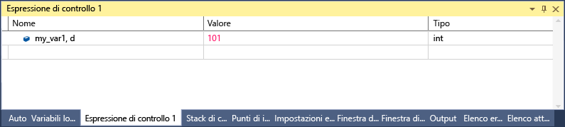 Screenshot della finestra Osservazione di Visual Studio con una riga che mostra my_var1, d con un valore di 101 e un tipo di int.