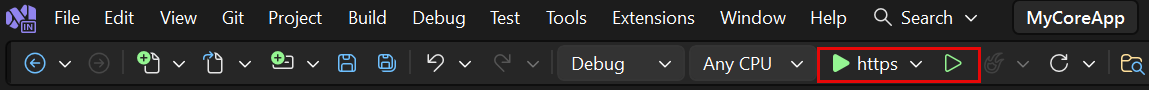 Screenshot mostra il pulsante HTTPS evidenziato nella barra degli strumenti per Visual Studio.