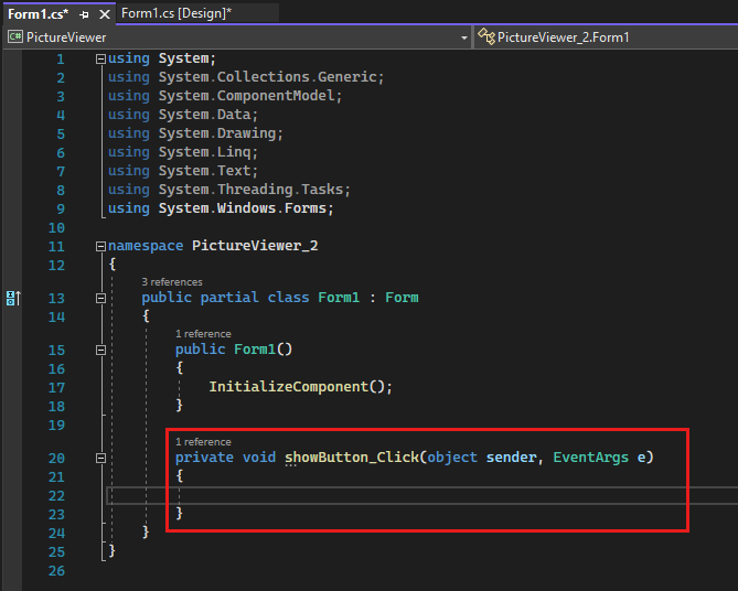 Screenshot mostra la scheda Form1.cs con il codice nitido di Visual C.