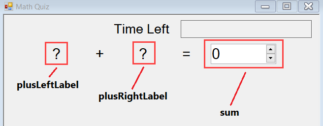 Screenshot che mostra la prima riga del quiz matematico, con etichette visibili e un controllo con tasti di direzione che visualizza uno zero.