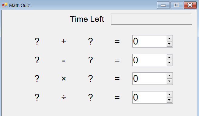 Screenshot che mostra un quiz matematico con quattro righe di problemi, con etichette e controlli con tasti di direzione visibili.