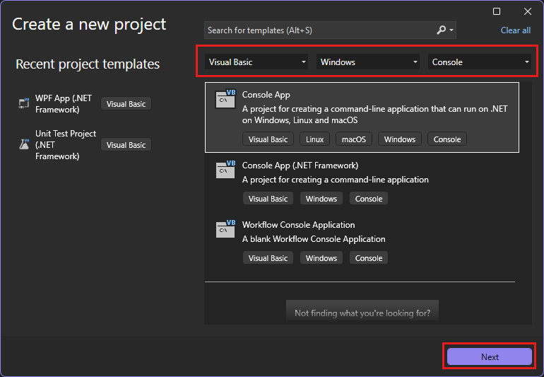 Screenshot della finestra Crea un nuovo progetto con l'applicazione console di Visual Basic selezionata.