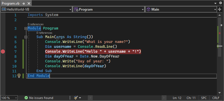 Screenshot che mostra un punto di interruzione in una riga di codice in Visual Studio 2022.