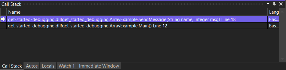 Screenshot che mostra la finestra Stack di chiamate di Visual Studio con una chiamata al metodo SendMessage evidenziata nella riga superiore.