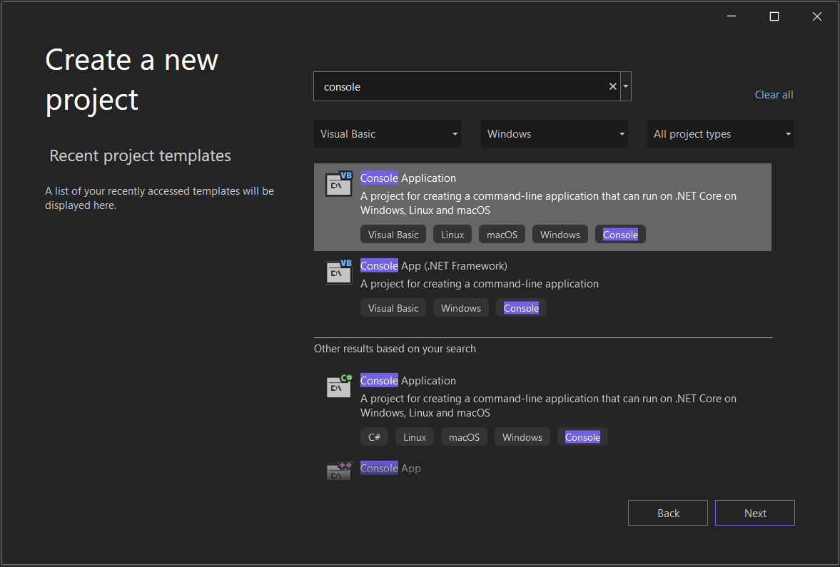 Screenshot che mostra la finestra Crea un nuovo progetto in Visual Studio 2022 con 