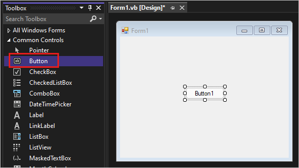Screenshot mostra il controllo Pulsante aggiunto al modulo.