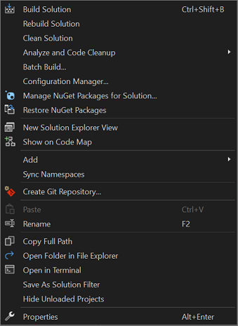 Screenshot del menu di scelta rapida ottenuto con clic destro su un nodo della soluzione in Esplora soluzioni.