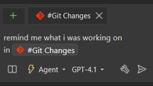 Screenshot di Copilot Chat che fa riferimento a modifiche di cui non è stato eseguito il commit con #changes.