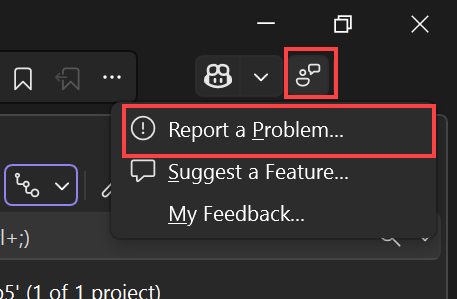 Screenshot che mostra l'icona del feedback selezionata nell'angolo superiore destro della finestra di Visual Studio e Segnala un problema selezionato nel menu di scelta rapida.