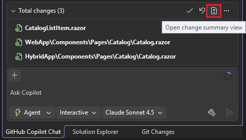 Schermata che mostra il pulsante Apri riepilogo delle modifiche nel set di lavoro di Copilot Chat.