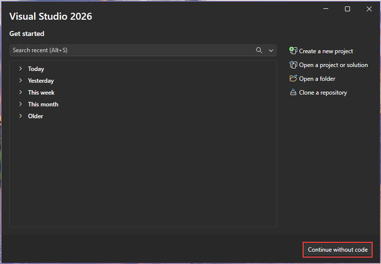 Screenshot della finestra Start con l'opzione Continua senza codice selezionata.