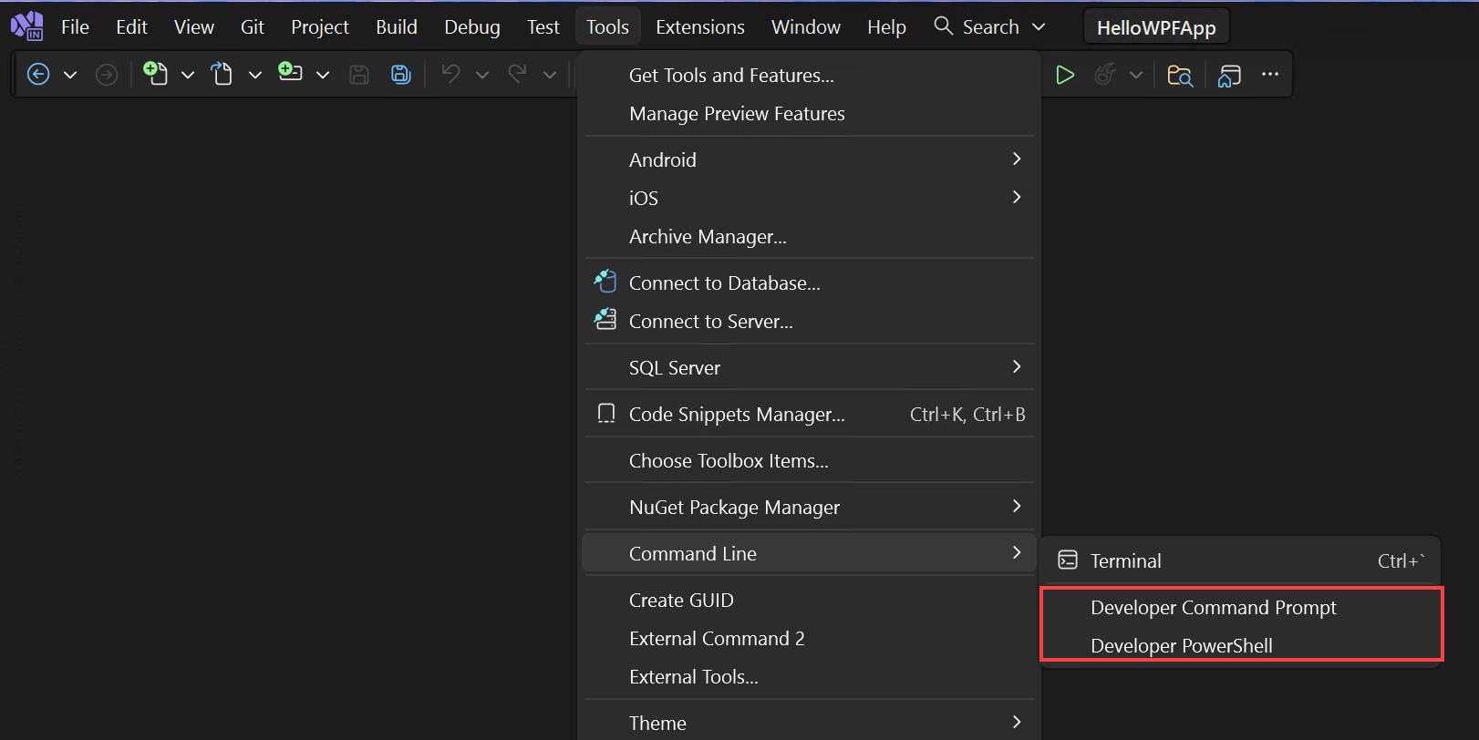 Screenshot del menu Riga di comando in Visual Studio.