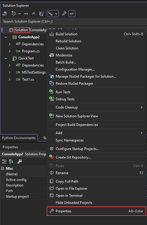 Screenshot del menu di scelta rapida del nodo della soluzione.