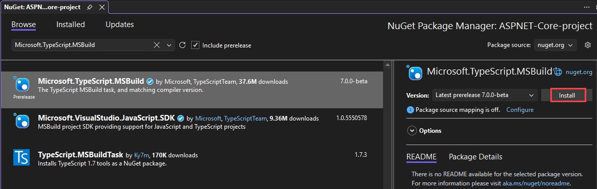Screenshot della gestione pacchetti NuGet in Visual Studio.