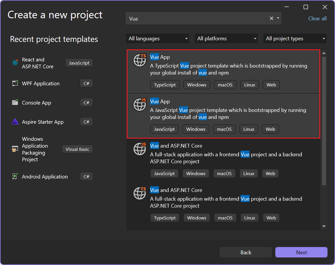 Screenshot che mostra come scegliere un modello Vue per JavaScript o TypeScript.