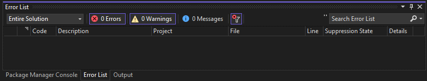 Schermata dell'Elenco errori in Visual Studio 2022.