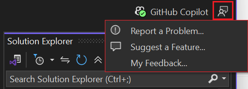 Screenshot che mostra come accedere al menu Invia commenti e suggerimenti in Visual Studio.