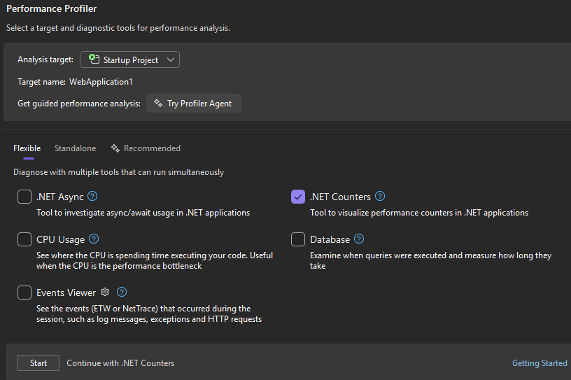 Schermata dello strumento Contatori selezionato in Visual Studio.