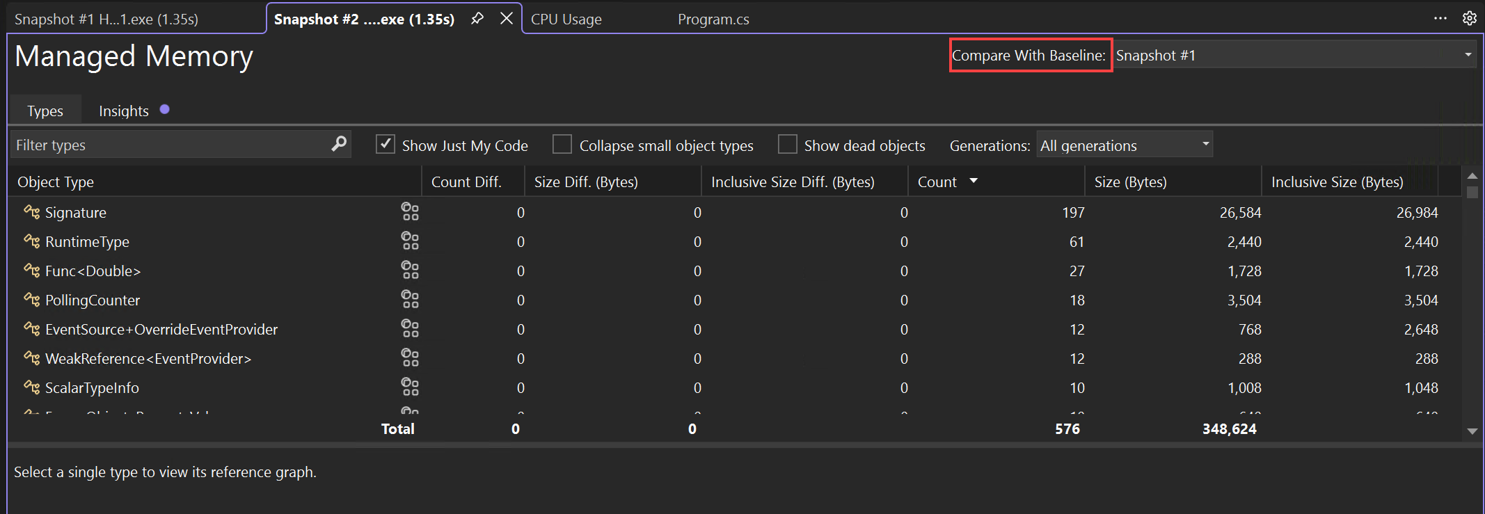Screenshot che mostra la visualizzazione diff dell'heap degli strumenti di diagnostica.