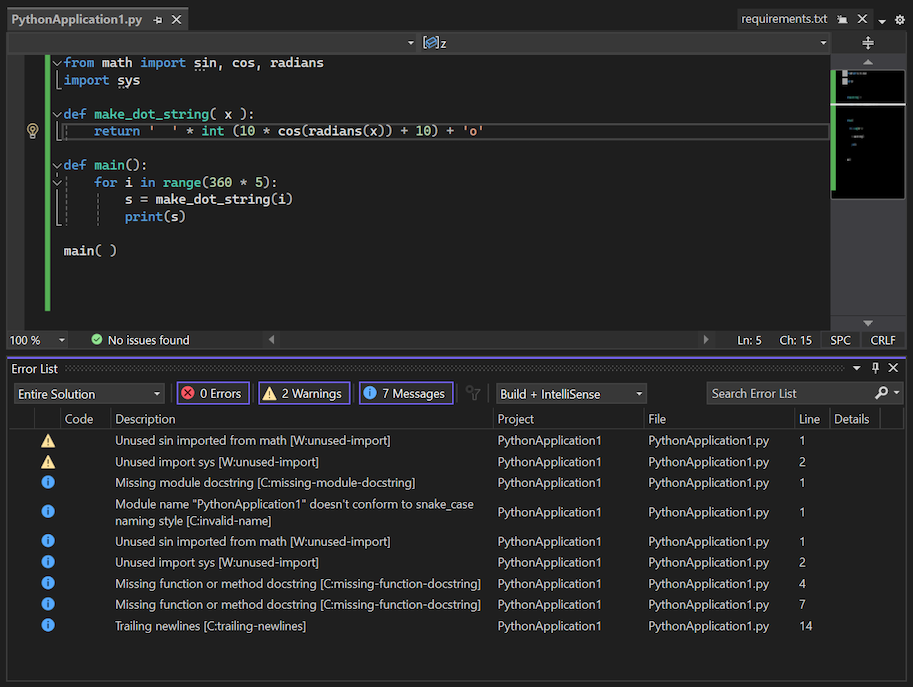 Screenshot che mostra l'elenco di errori e avvisi pylint per il file di codice in Visual Studio.