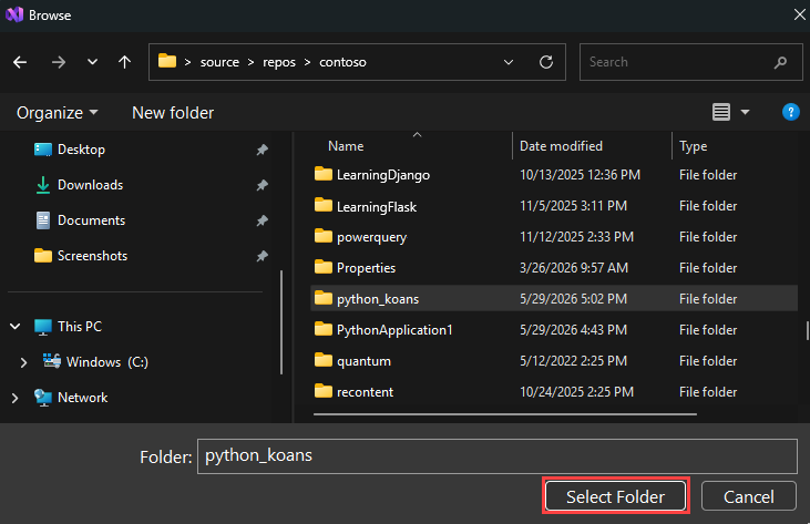 Screenshot che mostra come selezionare la cartella locale in Visual Studio.
